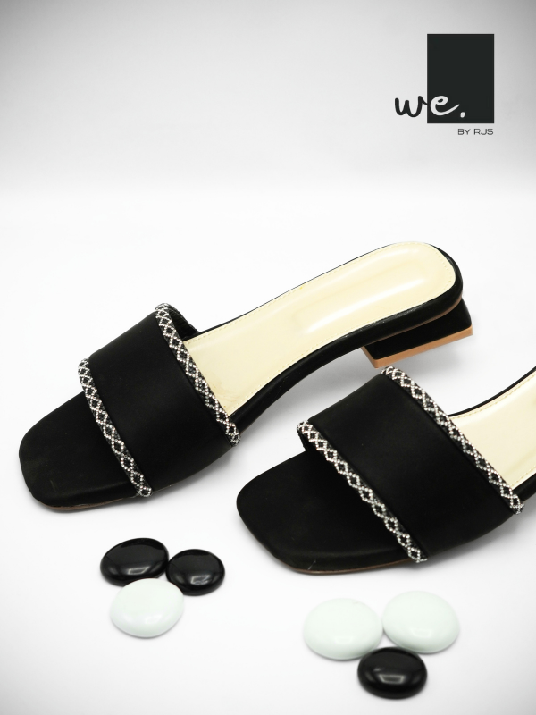 Chic Black Velvet Slide Sandals with Metallic Chain Detail