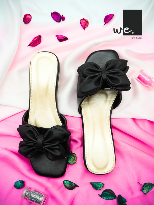 Black Satin Bow Slide Sandals - Elegant and Feminine