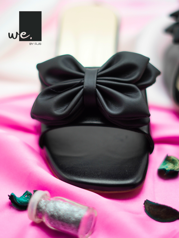 Black Satin Bow Slide Sandals - Elegant and Feminine